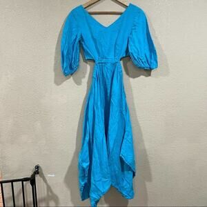 Nicholas Blue Karen Linen Cutout Puff Sleeves Dress